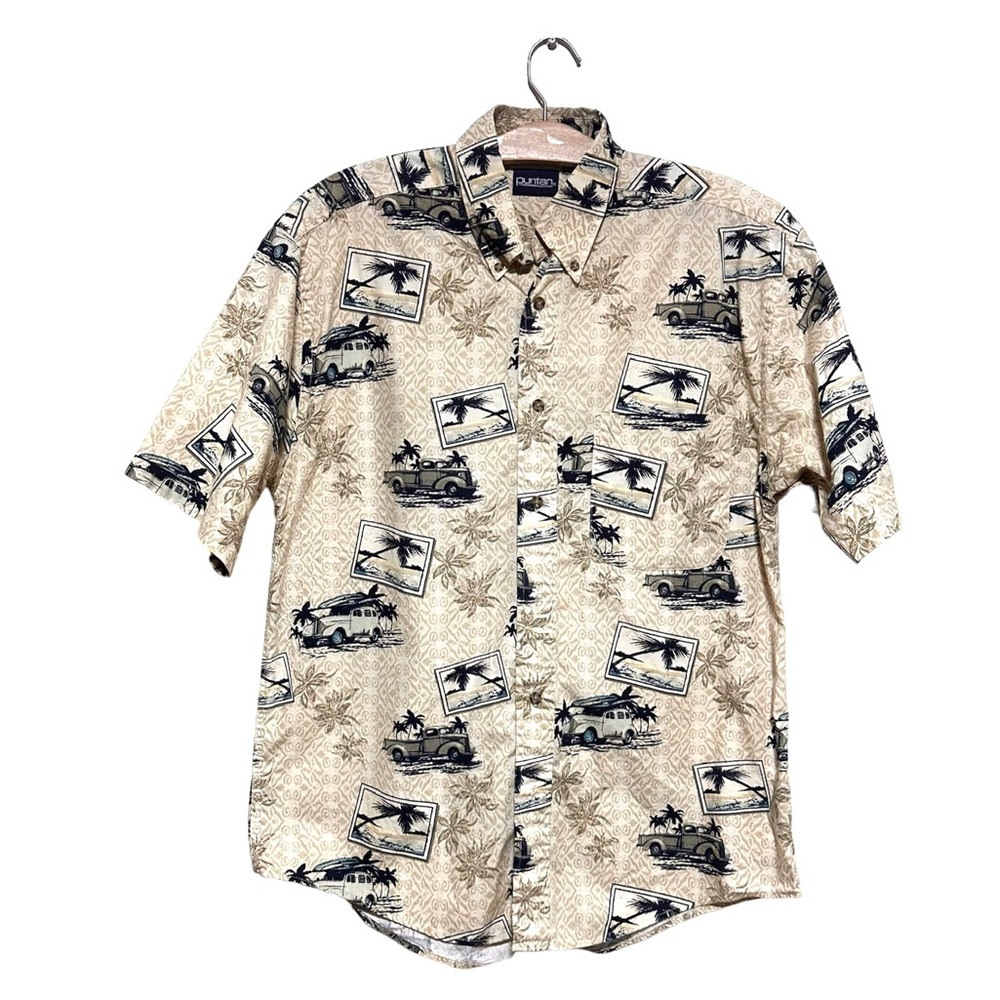 Puritan Men’s Vintage Palm Tree Vintage Car Button Down Short Sleeves Shirt M